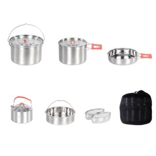 Set de ollas y tetera para camping acero inoxidable